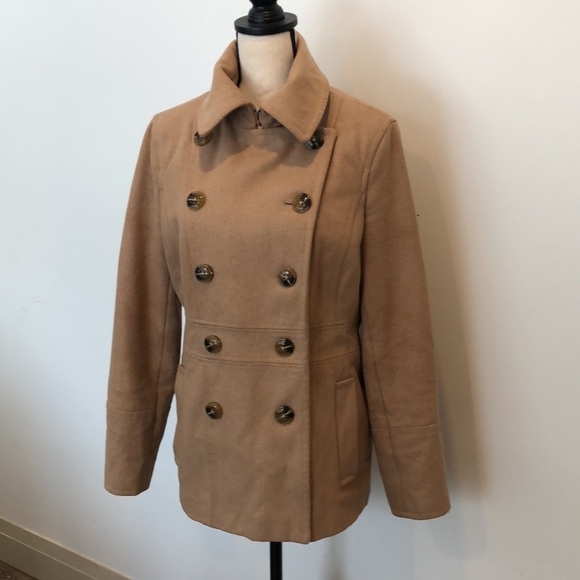Pure Alfred Sung wool pea coat camel colour SZ L button down Old Money Style - Picture 1 of 10